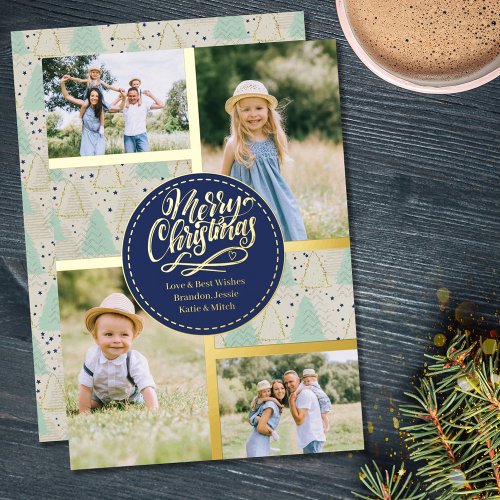Merry Christmas Trees 4 Photo Collage Mint Gold Foil Holiday Card