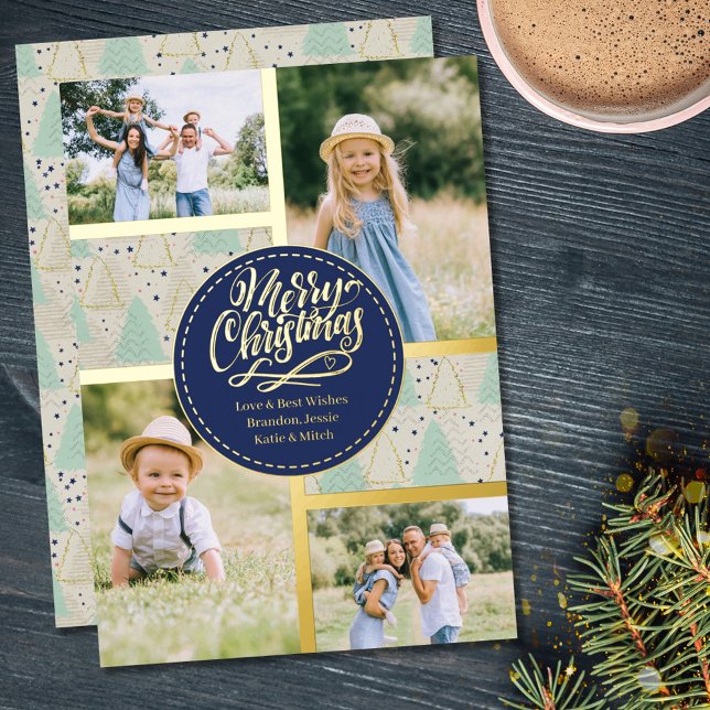 Merry Christmas Trees 4 Photo Collage Mint Gold Foil Holiday Card (Creator Uploaded)