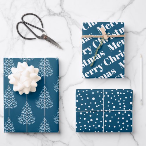 Merry Christmas trees and polka dots holiday blue Wrapping Paper Sheets