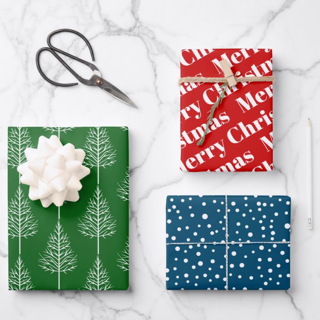 Merry Christmas, trees and polka dots holiday Wrapping Paper Sheets (Front)