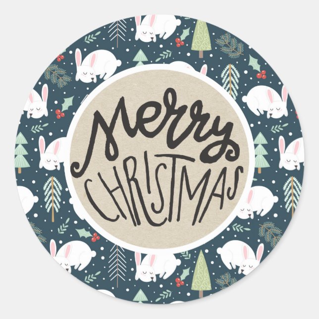 Merry Christmas Trees & Bunny Rustic Holiday Favor Classic Round Sticker (Front)