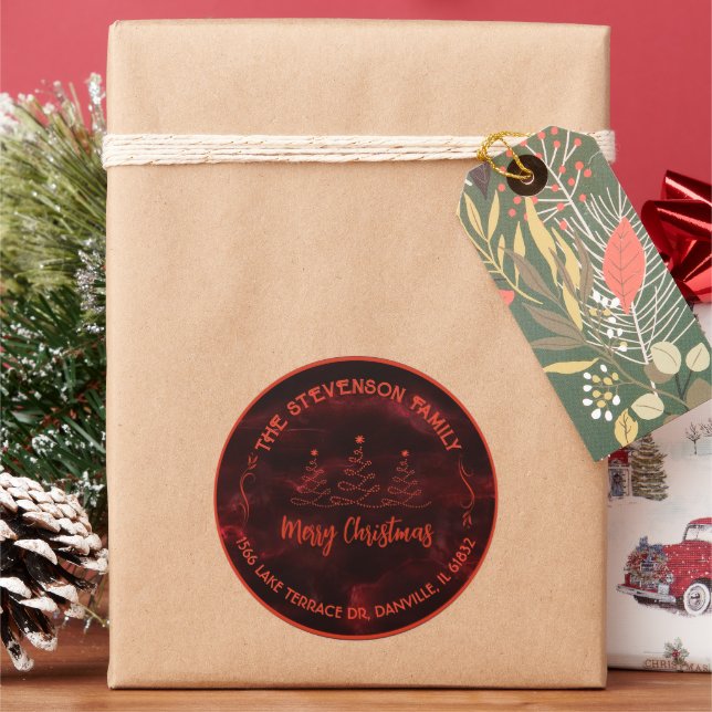 Merry Christmas Trees Burgundy Classic Round Sticker (Holiday)