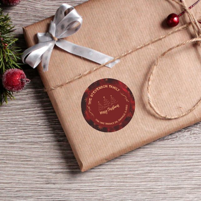 Merry Christmas Trees Burgundy Classic Round Sticker (Merry Christmas Trees Burgundy Classic Round Sticker)