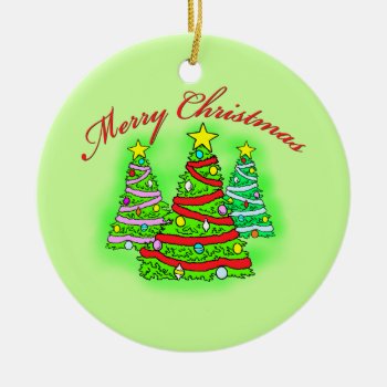 Merry Christmas Trees Ceramic Ornament by OneStopGiftShop at Zazzle
