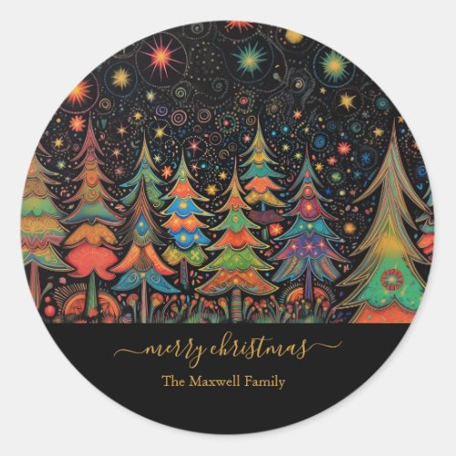 Merry Christmas Trees colorful Classic Round Sticker