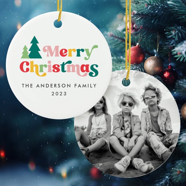 Merry Christmas trees colorful retro font Ceramic Ornament (Merry Christmas trees colorful retro font Ceramic Ornament)