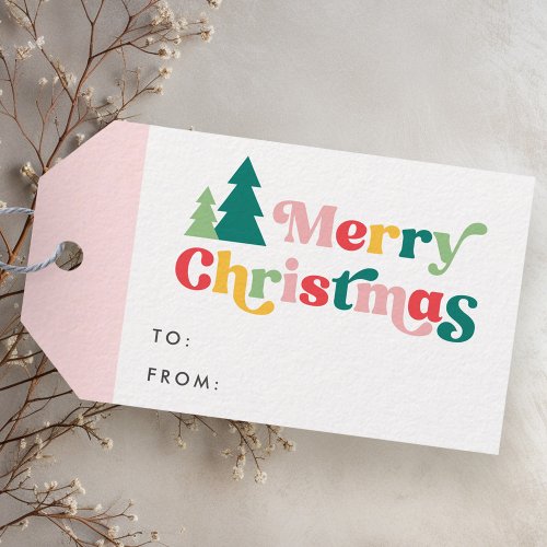 Merry Christmas trees colorful retro font to from Gift Tags