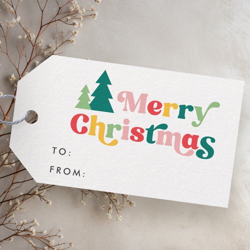 Merry Christmas trees colorful retro font to from Gift Tags