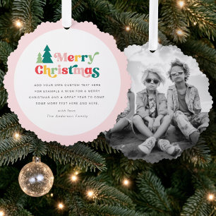 Merry Christmas trees colorful retro photo Ornament Card