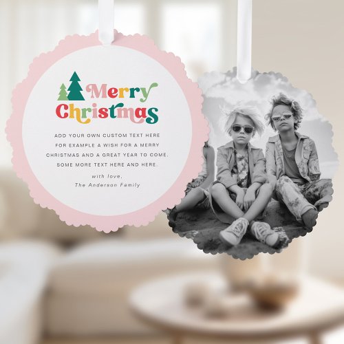 Merry Christmas trees colorful retro photo Ornament Card
