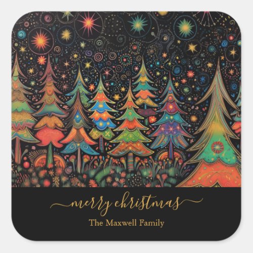 Merry Christmas Trees colorful Square Sticker