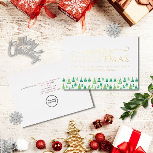 Merry Christmas Trees Corporate Business Logo Gold Foil Holiday Card