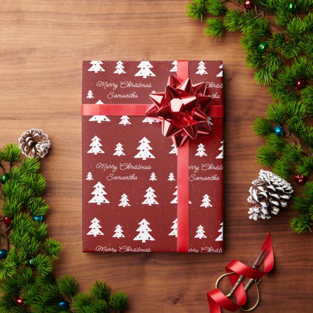 Merry Christmas Trees Custom Name Wrapping Paper (Holiday Gift)