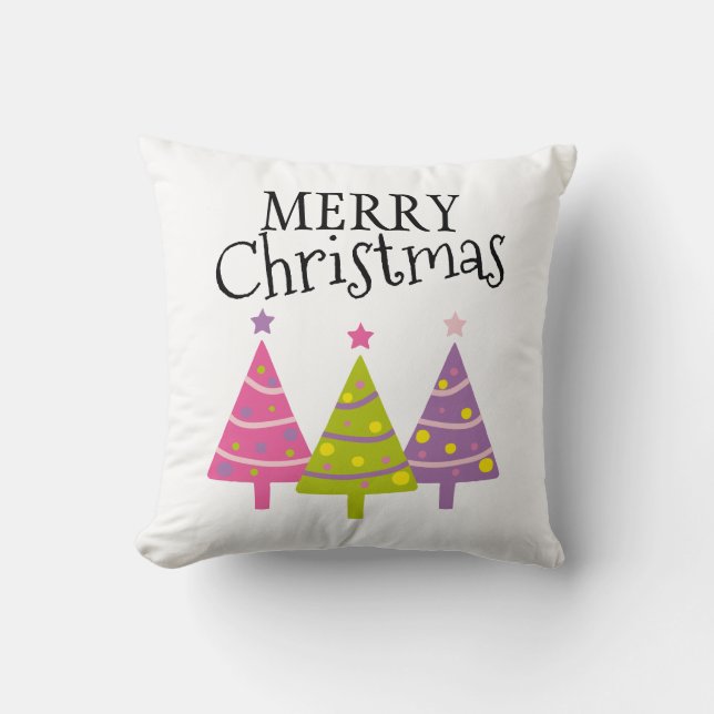 Merry Christmas Trees Cute Pink Purple Green Throw Pillow (Front)