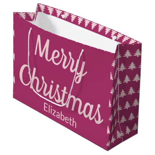 Merry Christmas Trees Deep Pink and Pale Pink Name Large Gift Bag