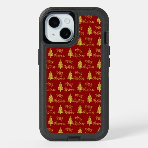 Merry Christmas Trees Deep Red and Gold Script iPhone 15 Case