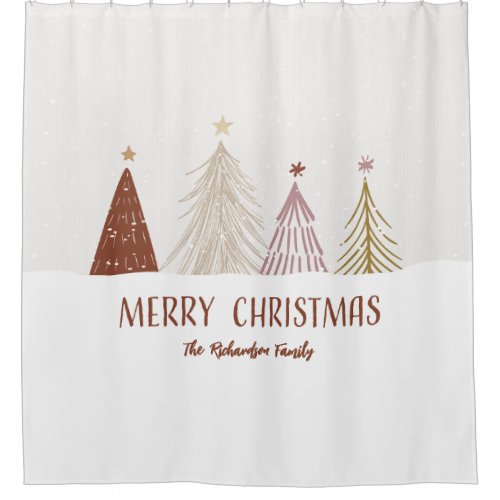 Merry Christmas Trees Family Name Elegant Holiday Shower Curtain