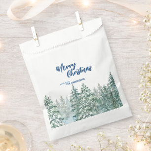 Merry Christmas trees forest Watercolor script Favor Bag