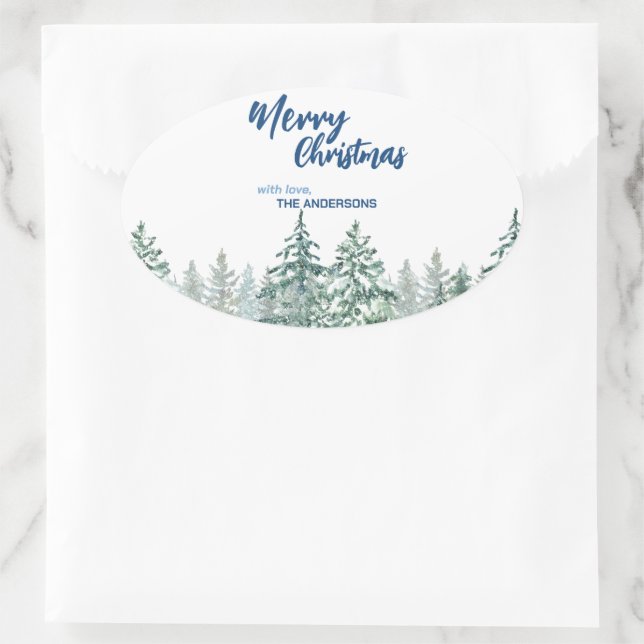 Merry Christmas trees forest Watercolor script Oval Sticker (Bag)