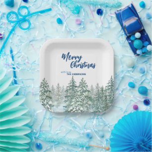 Merry Christmas trees forest Watercolor script Paper Plates