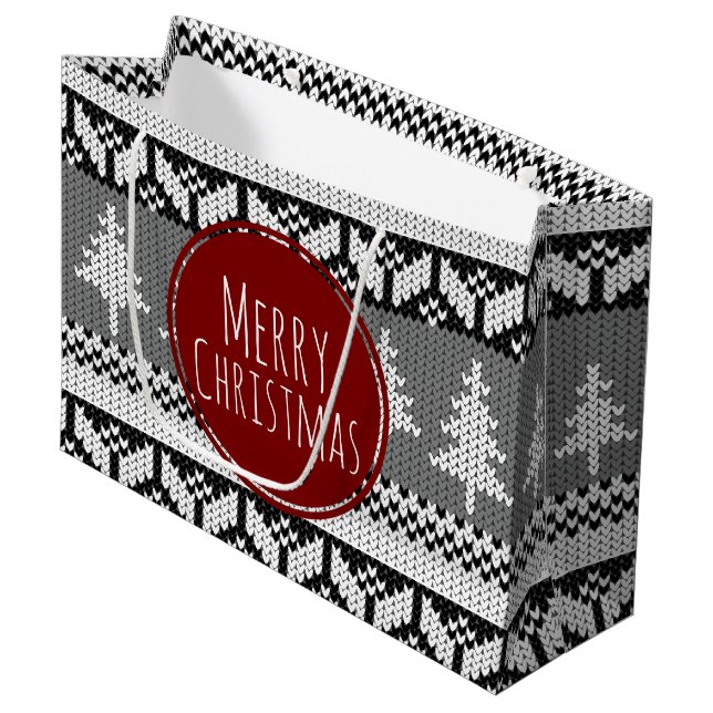 Merry Christmas Trees Gray Nordic Pattern Large Gift Bag (Front Angled)