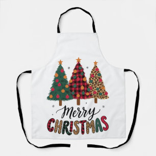 Merry Christmas Trees Green Buffalo Plaid Leopard Apron