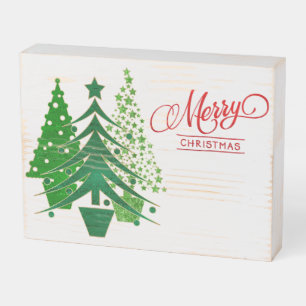 Merry Christmas Trees, Green, Gold, Red 2 Wooden Box Sign
