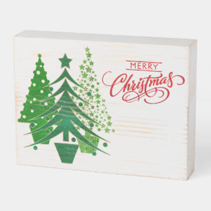 Merry Christmas Trees, Green, Gold, Red Wooden Box Sign
