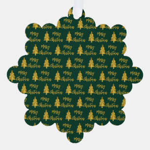 Merry Christmas Trees Green Gold Scribble Script Ornament Card