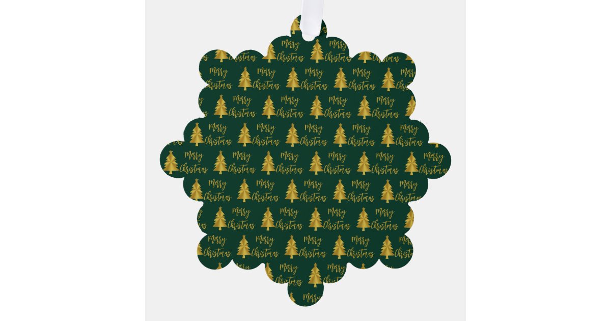 Merry Christmas Trees Green Gold Scribble Script Ornament Card | Zazzle