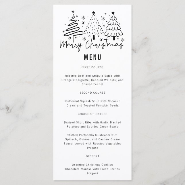 Merry Christmas Trees Holiday Dinner Party Menu (Front)