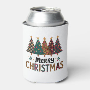 Merry Christmas Trees Leopard Plaid Buffalo Xmas Can Cooler