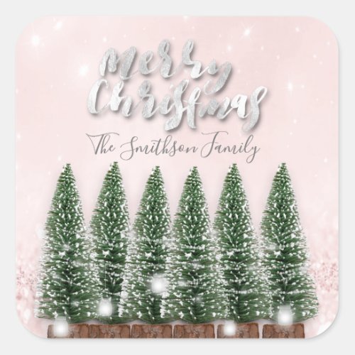 Merry Christmas Trees Lights Pink Glitter Name Square Sticker