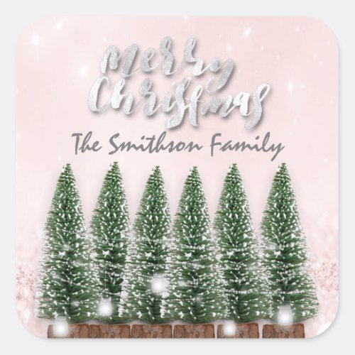 Merry Christmas Trees Lights Pink Glitter Name Square Sticker