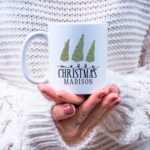 Merry Christmas Trees Modern Script Holidays Coffee Mug