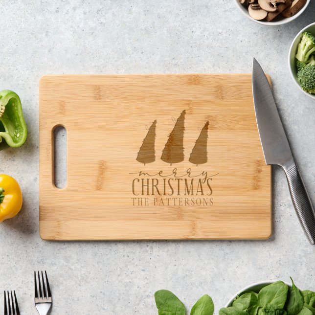 Merry Christmas Trees Modern Script Holidays Engraved Cutting Board (Kitchen Counter)