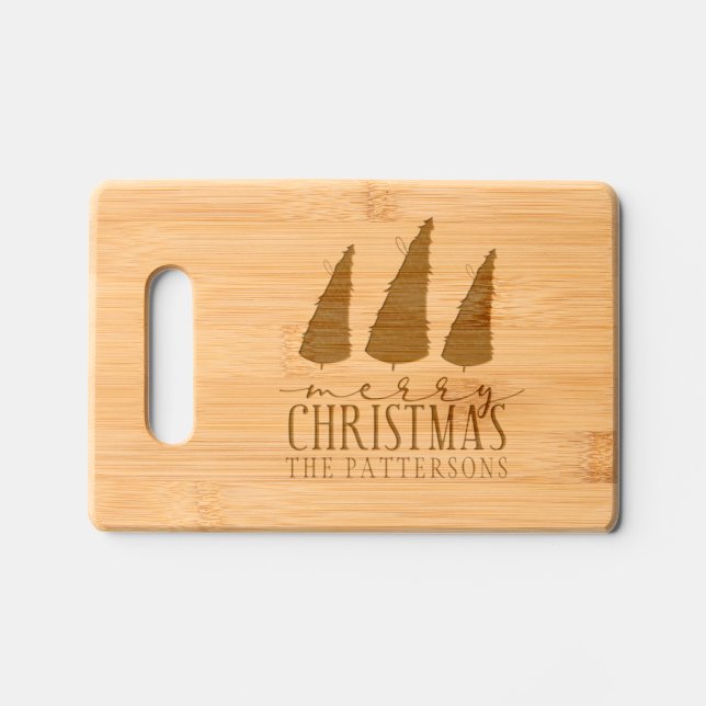 Merry Christmas Trees Modern Script Holidays Engraved Cutting Board (Front)