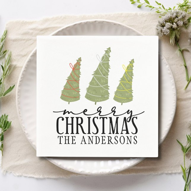 Merry Christmas Trees Modern Script Holidays Napkins (Creator Uploaded)