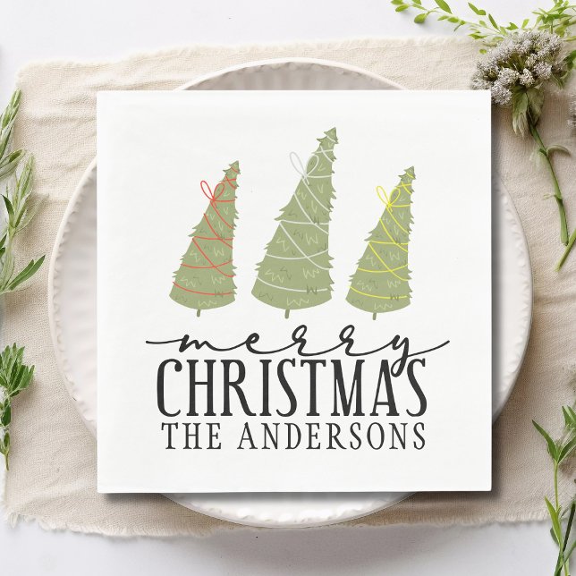 Merry Christmas Trees Modern Script Holidays Paper Dinner Napkins (Creator Uploaded)