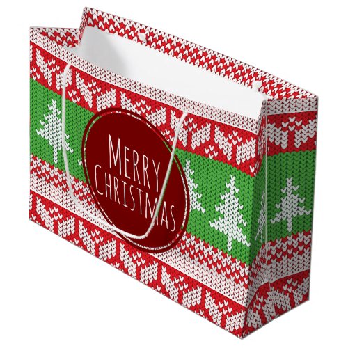 Merry Christmas Trees Nordic Pattern Large Gift Bag