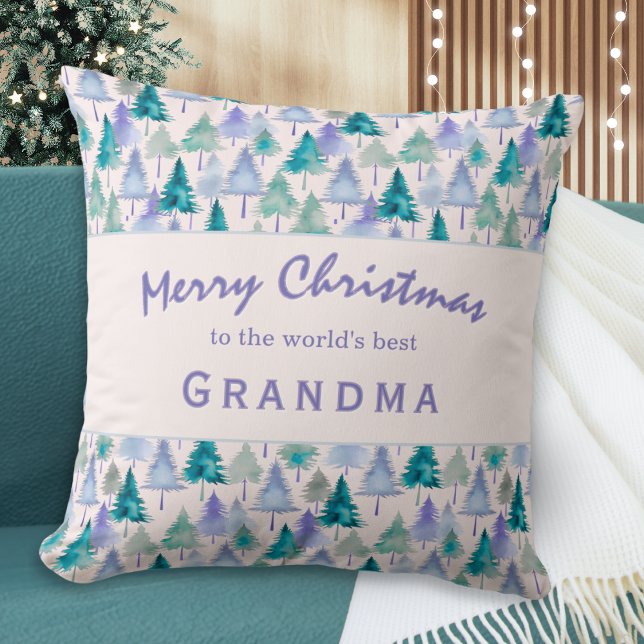 Merry Christmas Trees Pattern Grandma Holiday Throw Pillow (A festive pillow with Christmas trees pattern in lilac and green, for the 'World's Best Grandma')