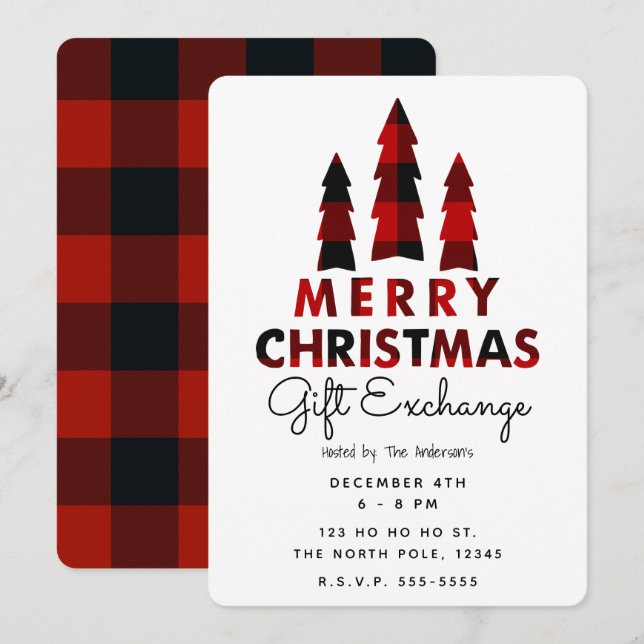 Merry Christmas Trees Plaid Holiday Gift Exchange Invitation (Front/Back)