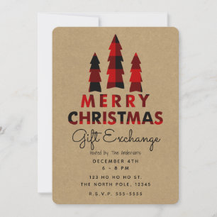 Merry Christmas Trees Plaid Kraft Gift Exchange Invitation