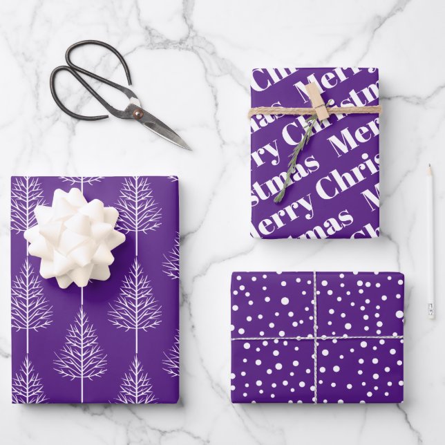 Merry Christmas, trees, polka dots purple holiday Wrapping Paper Sheets (Front)