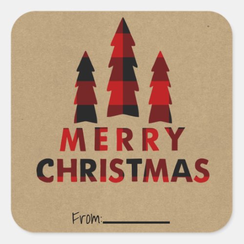 Merry Christmas Trees Red Plaid Kraft Holiday Type Square Sticker