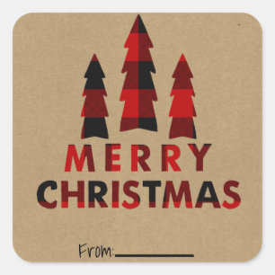 Merry Christmas Trees Red Plaid Kraft Holiday Type Square Sticker
