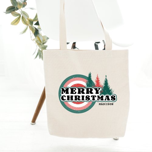 Merry Christmas Trees Retro Personalized Name Tote Bag