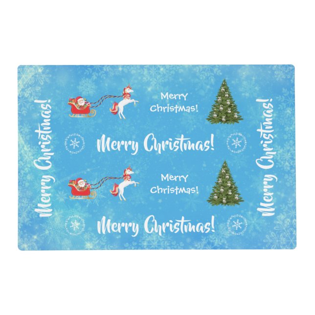Merry Christmas Trees Santa Cute Kids Unicorn Blue Placemat (Front)