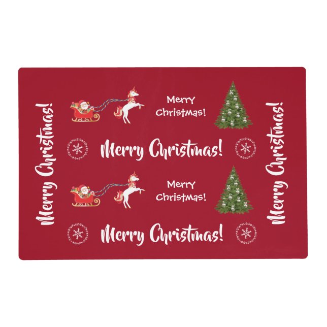 Merry Christmas Trees Santa Cute Kids Unicorn Red Placemat (Front)