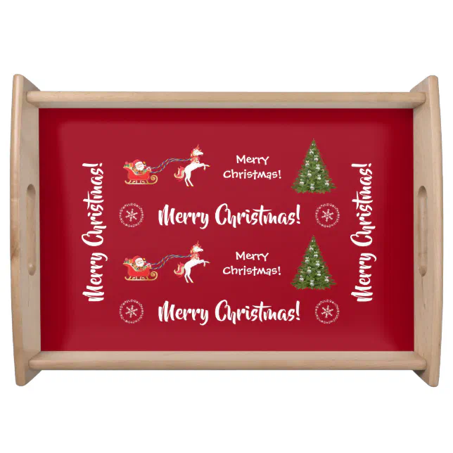 Merry Christmas Trees Santa Cute Kids Unicorn Red Serving Tray